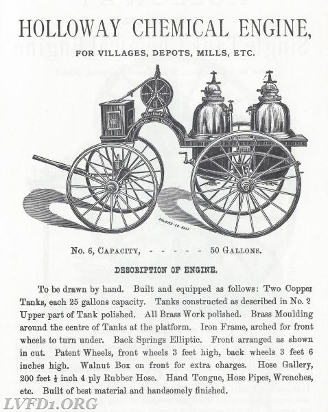 1928: This is a reprint of what was the first custom fire equipment purchase to protect Leonardtown.  It was, as record indicate, delivered on the steamboat &quot;Lancaster&quot; to the Leonardtown Wharf on August 1, 1896 and proudly displayed on the town square.  Purchased from Washington DC Fire Department for $600.00. Picture is not actual photo. Holloway was a leader in the formation of the M.S.F.A.